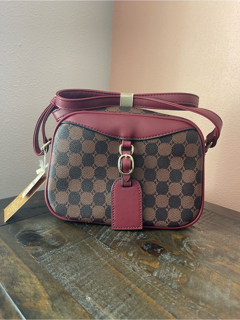 JUS-2642 Fashion Monogram Bag_Brown with Burgundy Trim